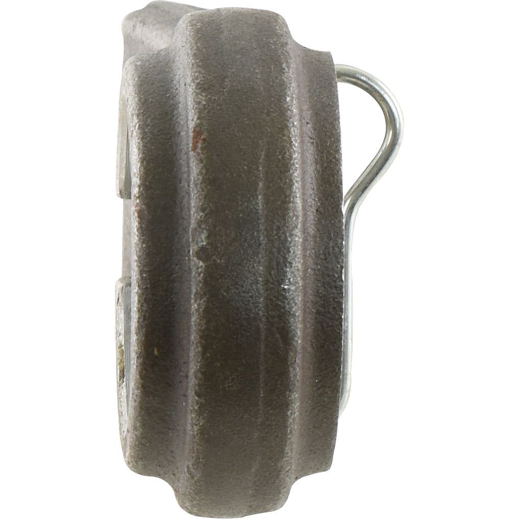 Close-up of the Sparex Lower Link Weld On Ball End (Cat. 1/2) | Sparex Part No.S.74824, featuring its rounded, metallic form with a grooved texture and a metal wire loop on one side, showcasing the precise welding length.