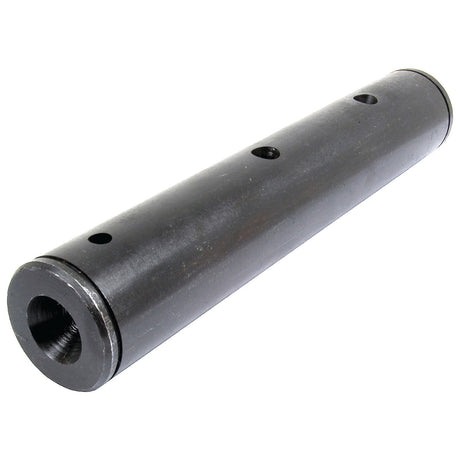 A close-up of the Axle Pin (Sparex Part No. S.74875) from Sparex, showcasing its cylindrical metal design, internally threaded on one end and featuring holes drilled along its 235mm length—ideal for Massey Ferguson applications.