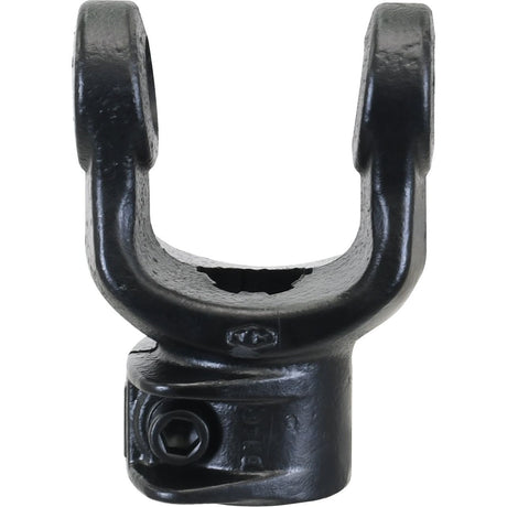 The PTO Yoke - Interfering Clamp Bolt by Sparex (Part No. S.7501), featuring a U-joint size of 22 x 54.8mm and a spline size of 1 3/8''-6, is a black metal yoke commonly used in automotive and machinery applications for connecting rotating shafts, and it meets the Universal Joint Dimensions standard for precise fit and performance.