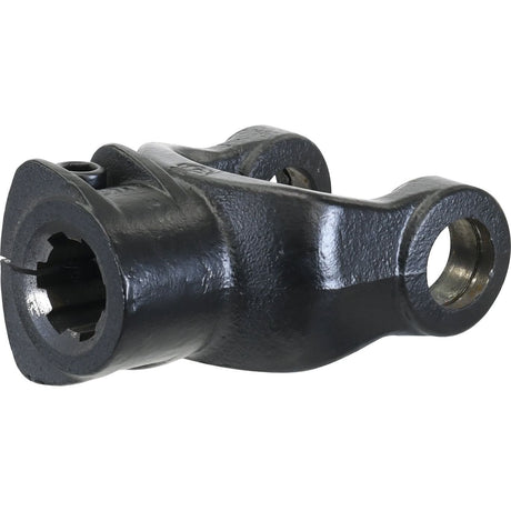 Close-up image of a black metal PTO Yoke - Interfering Clamp Bolt with two circular openings and a square cutout for attaching to a shaft, showcasing universal joint dimensions of 22 x 54.8mm, in line with AW10/W2100 standards. This Sparex product fits a 1 3/8''-6 Spline and is listed under Sparex Part No.S.7501.