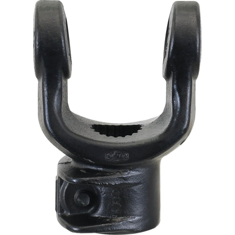 The Sparex PTO Yoke - Interfering Clamp Bolt (Sparex Part No.S.7512), features a black metal construction with a pronged structure at the top and a slot for attachment at the base, and is compatible with Universal Joint systems of size 23.8 x 61.2mm, fitting a 1 3/8''-21 spline shaft.