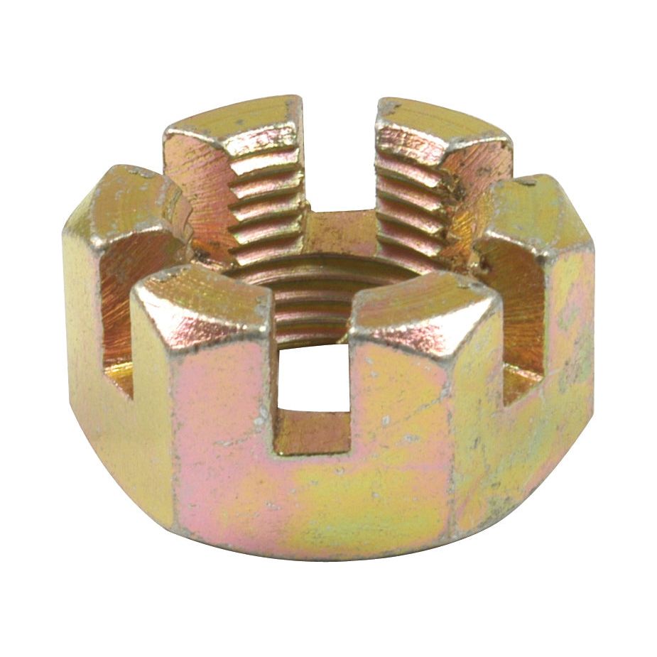 A golden Sparex Imperial Castle Nut with a size of 7/8'' UNF (DIN 935), featuring a zinc-plated finish, six evenly spaced vertical slots along the outer edge, and a tensile strength of 8.8.