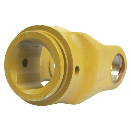 Close-up of the Sparex PTO Tube Yoke, featuring a yellow metal cylindrical component with multiple holes and a smooth, machined surface, designed for AB10/A10 PTO Series applications. This product has a U/J size of 41 x 118mm and a triangle profile measuring 66 x 66 x 5.6mm. (Sparex Part No.S.7555)