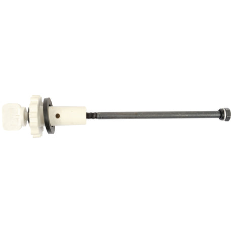 A long metal rod with a threaded end is attached to a white plastic gear and a small white knob, resembling components from the Sparex Fuel Filter Screw Kit (Part No.S.75582). The rod also includes a hex nut and washer near the gear.