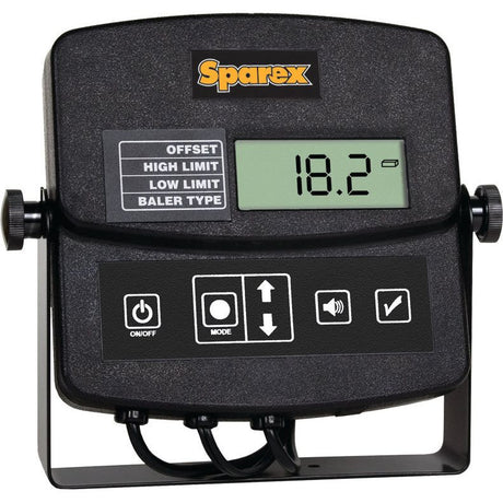 The BHT-2 Baler-Mounted Hay Moisture Tester - S.75748 by Sparex, designed for small balers, displays "18.2" with buttons labeled On/Off, Mode, and various icons, incorporating multi-sensor technology to optimize performance.