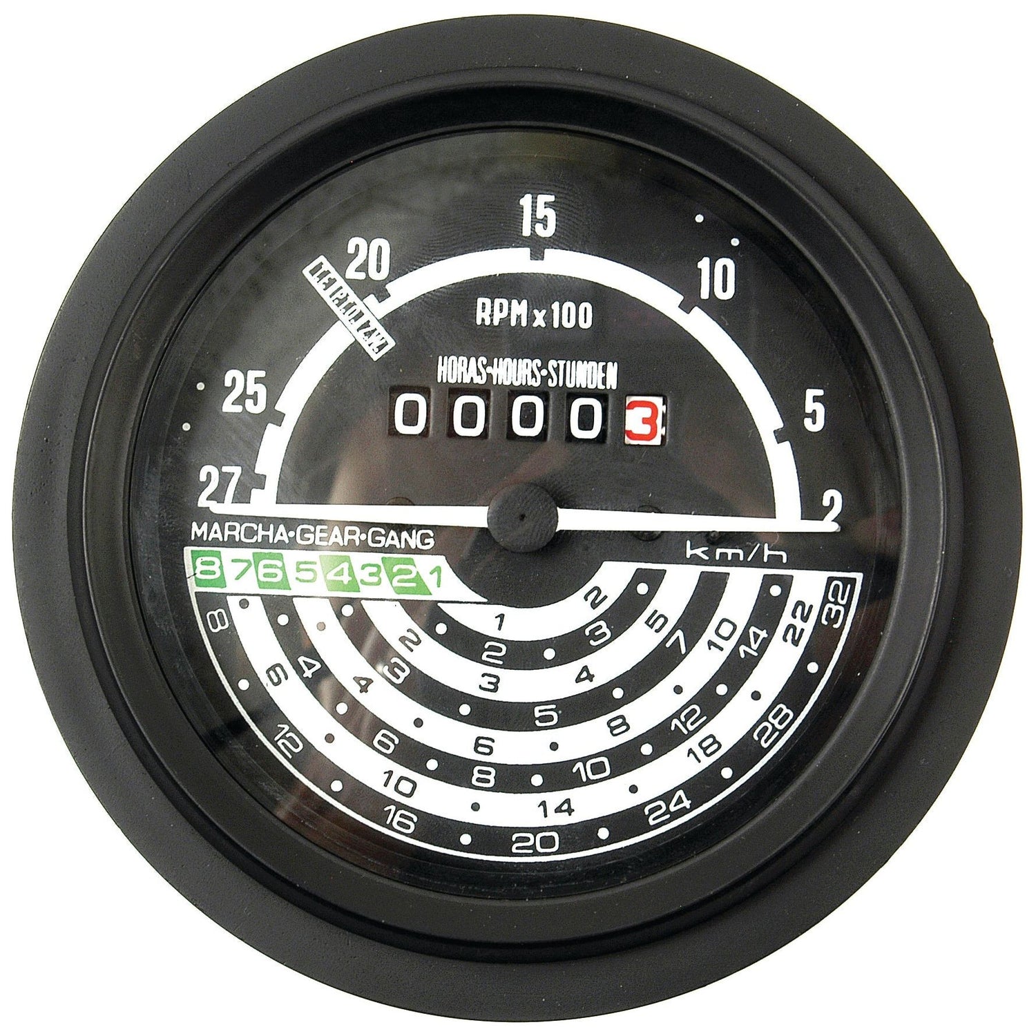 The Sparex Tachometer (KPH) | Sparex Part No.S.75805, a round instrument gauge, displays RPM x 100, hours in six digits, and speed in km/h with the dependable quality akin to John Deere. It features a sleek black outer casing and white numerals on a contrasting black background.