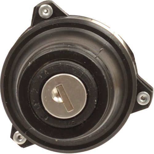 A close-up photo of the Sparex Ignition Switch (Sparex Part No. S.75817) featuring a round, metal ignition switch cylinder encased in a sleek, black, three-pronged housing with three screws on the outer edges.
