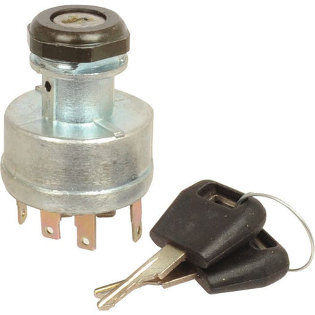 A Sparex Ignition Switch (Sparex Part No.S.75818) with six electrical terminals and a black plastic cap, accompanied by two keys on a ring.