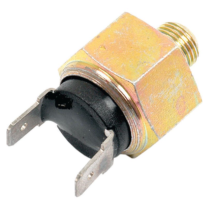 Close-up of the Sparex Brake Switch, Sparex Part No. S.75821, featuring a hexagonal brass body and two metal prongs for electrical connections, suitable for John Deere machinery.