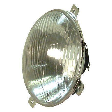 A round, clear Halogen automotive headlight with a ribbed glass lens, 12V 55-60W by Sparex, including mounting brackets. Product Name: Head Light (Halogen), RH & LH, RH Dip - S.75824.