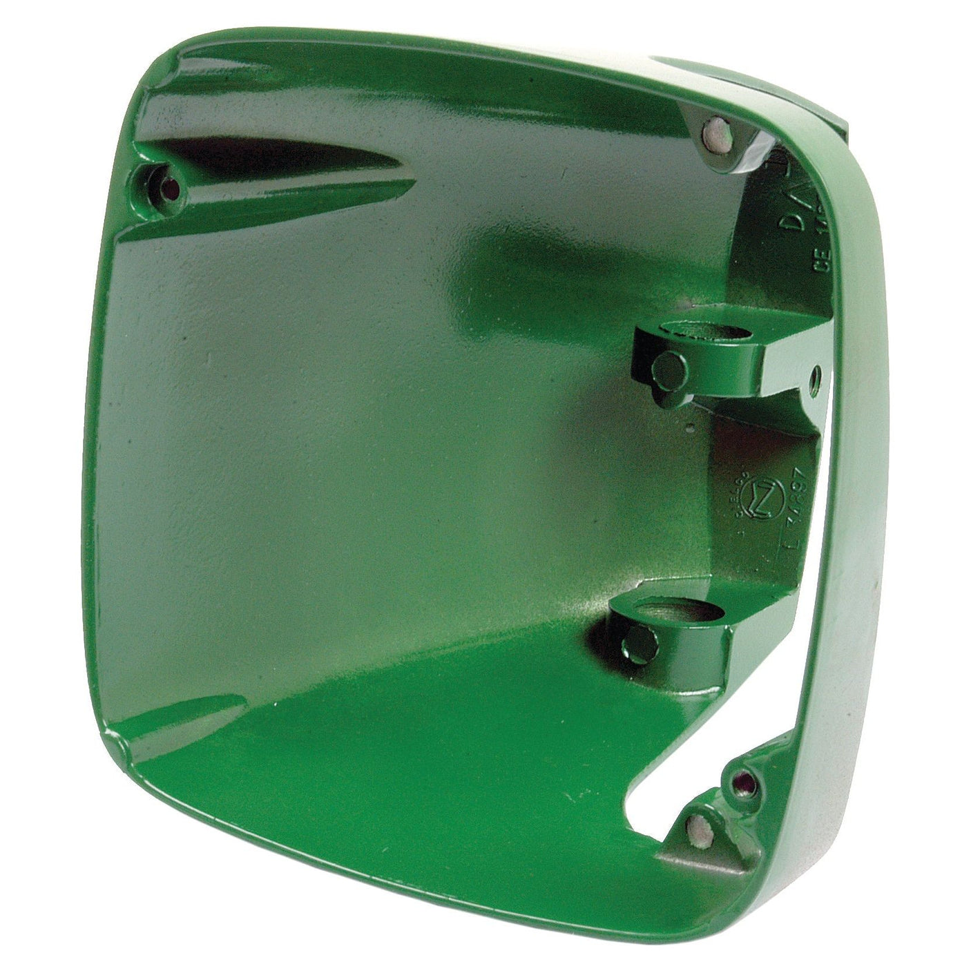 A green, hollow plastic housing with mounting points and screws, such as the Sparex Head Light Cowl (RH) | Sparex Part No.S.75828, used for enclosing or protecting mechanical or electronic components.