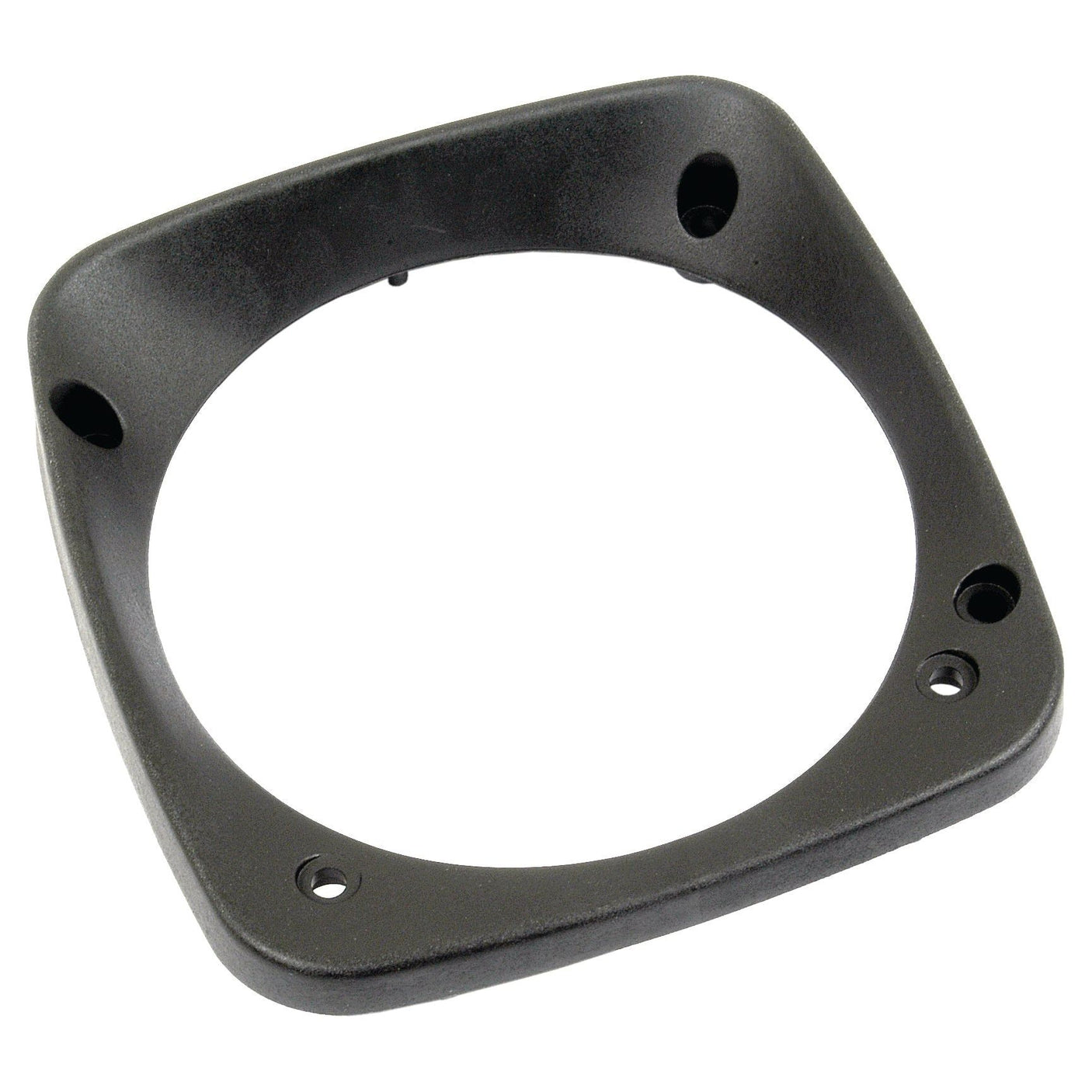 The Sparex Part No. S.75829, a headlight cowl cover mounting bracket, is crafted from black plastic in a square shape with a circular center and four screw holes. This component is ideal for securing headlight cowl covers and is compatible with John Deere parts.