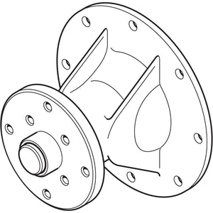 Line drawing of the Sparex Water Pump Assembly (Sparex Part No. S.75837) featuring two circular plates connected by a central support structure, each plate with multiple holes around the perimeter and a central protruding bolt on one plate, ideal for those needing John Deere parts.