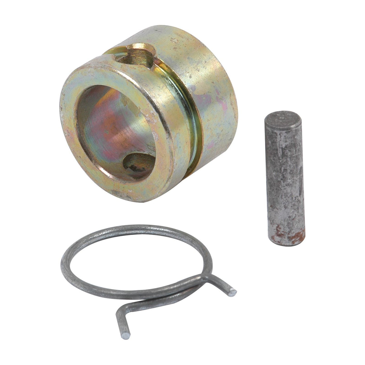 The Bush | Sparex Part No.S.75841 is a mechanical coupling component set that includes a round metal coupling, a cylindrical pin, and a metal retaining clip. It is ideal for use as a Sparex replacement or for John Deere Lower Link repairs.