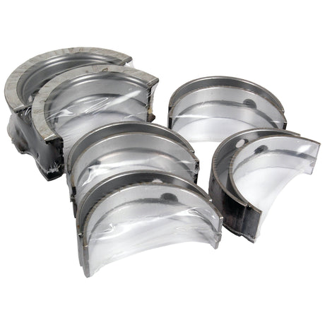 Image shows a set of partially wrapped metal engine bearings arranged on a plain white background, ideal for John Deere tractor parts. The product displayed is the Main Bearing Std. (Set), Sparex Part No. S.75846, by the brand Sparex.