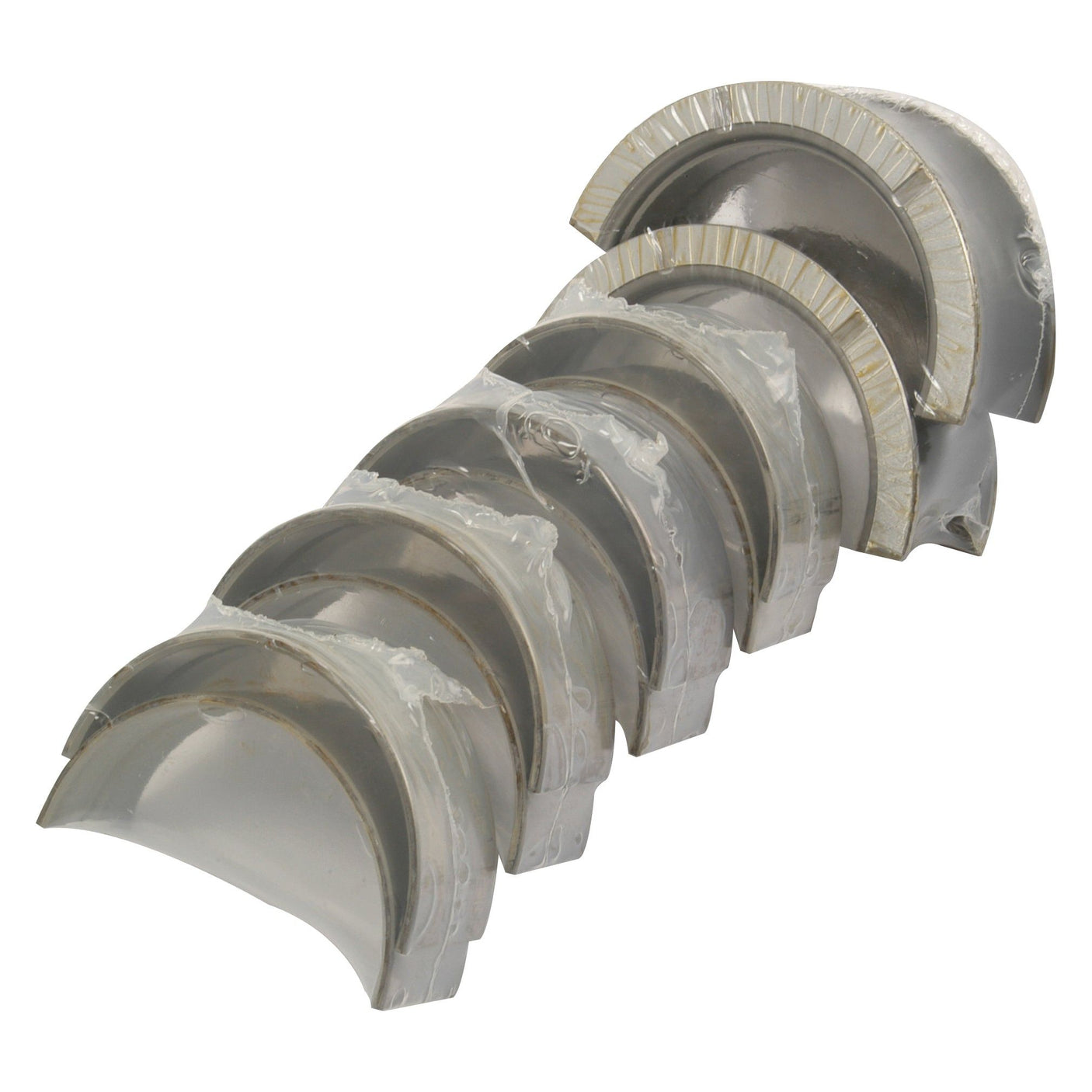 A row of metallic, semi-circular bearing shells, featuring the Sparex Main Bearing +0.030'' (0.75mm) (Set) compatible with John Deere tractors, with some pieces still wrapped in protective plastic.