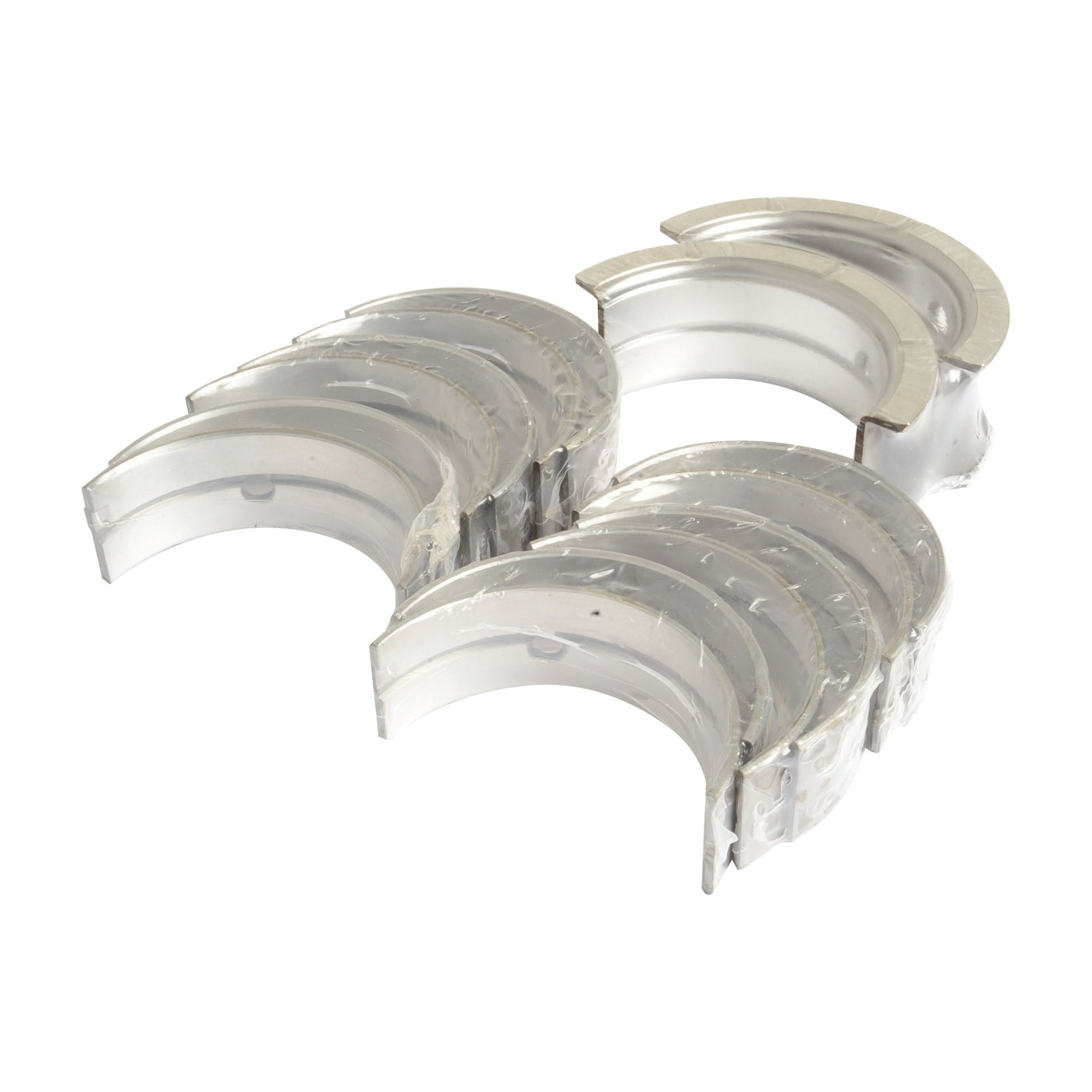 A set of metallic engine bearings, specifically Main Bearing Std. (Set) S.75850 from Sparex, arranged in a stack, displaying their curved structure and shiny surfaces.