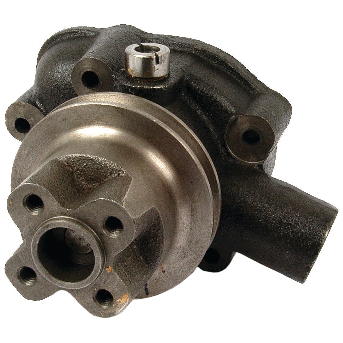 The Water Pump Assembly (Supplied with Pulley) - S.75926 by Sparex is a silver and black automotive water pump featuring multiple outlets, mounting holes, and a built-in bypass hole. It is compatible with a V-Style Pulley and meets the high-quality standards set by Sparex.