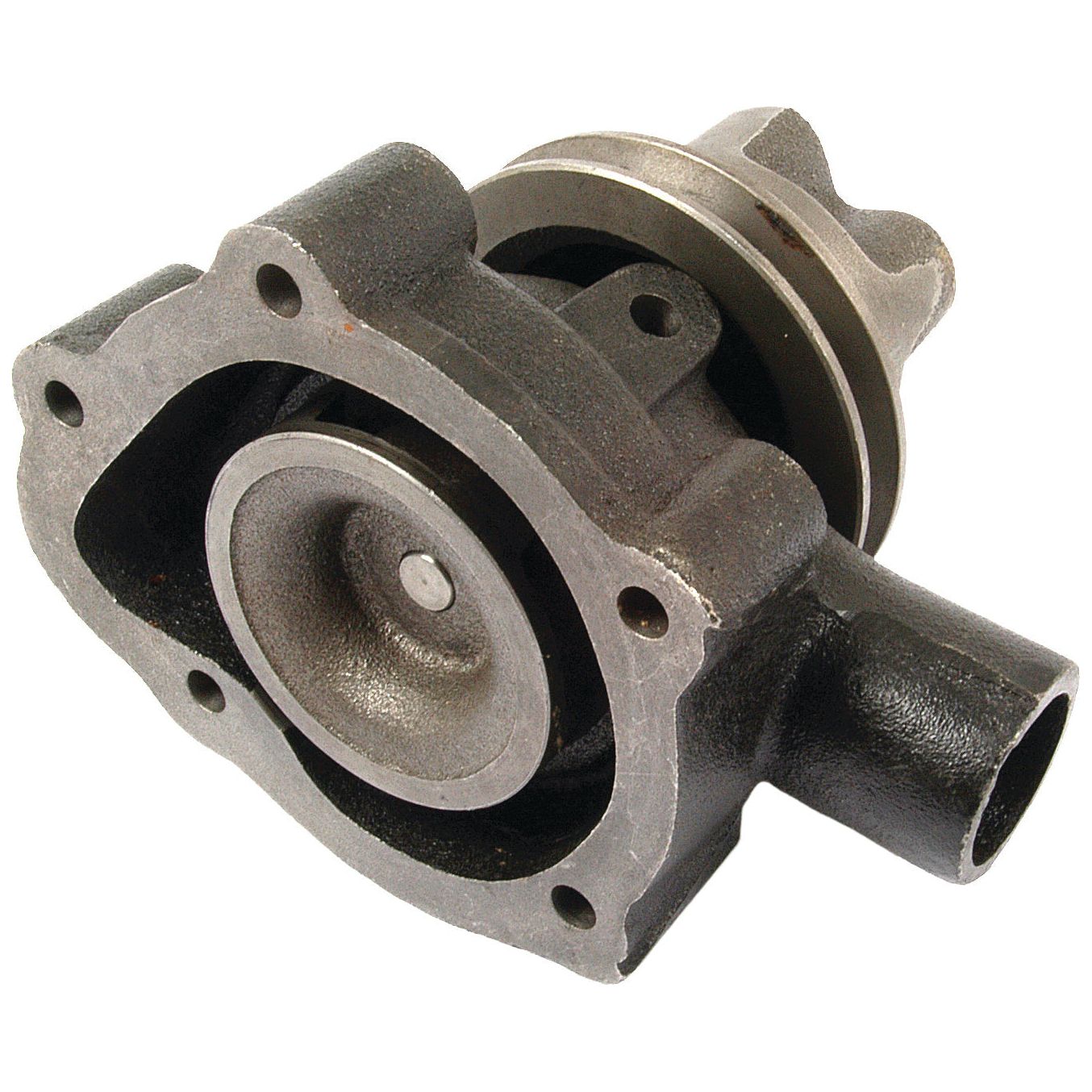 The Sparex Water Pump Assembly (Supplied with Pulley) - S.75926 features a metal housing with a cylindrical protrusion, several bolt holes, and an integrated by-pass hole.