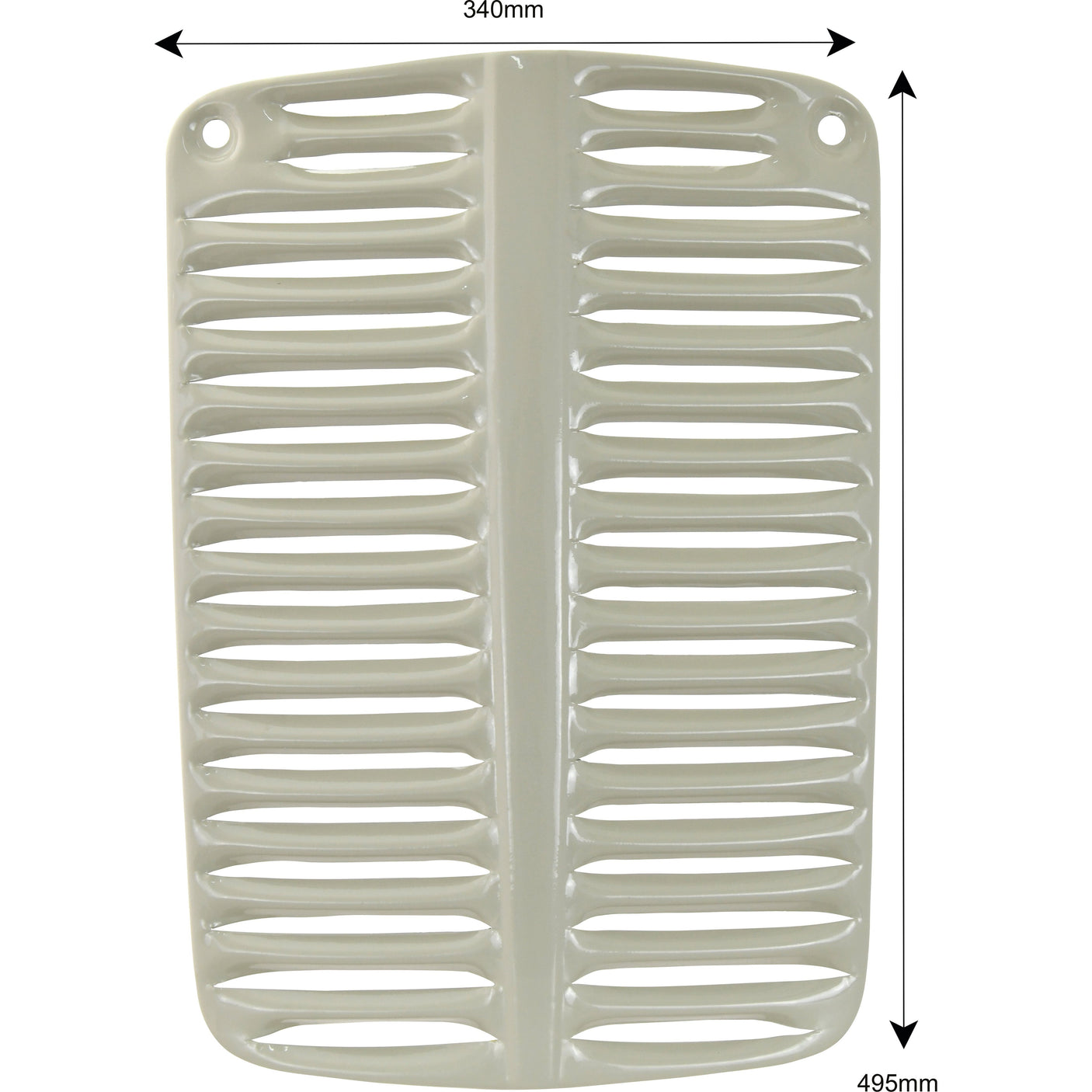 The Sparex Front Grille (Part No. S.75936) is a white plastic vent cover with dimensions of 340mm in width and 495mm in height. Designed to resemble a front grille, it is a genuine Sparex accessory that ensures optimal performance for Massey Ferguson models.