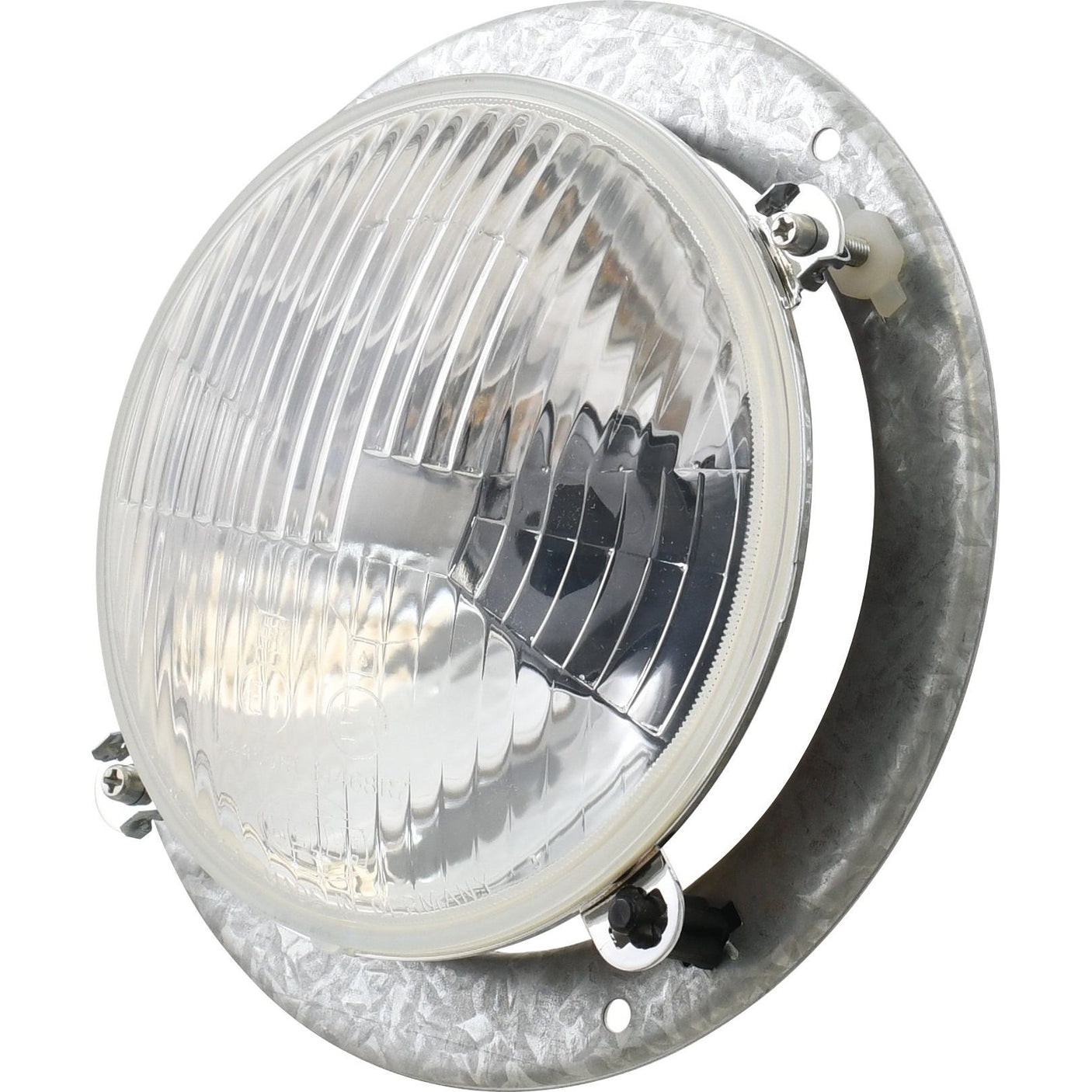 A close-up of the circular headlamp with a clear lens and a grey mounting ring, secured by screws, highlights the precision of Sparex's "Head Light, (Halogen), RH & LH, RH Dip, 12V - S.75956" technology.