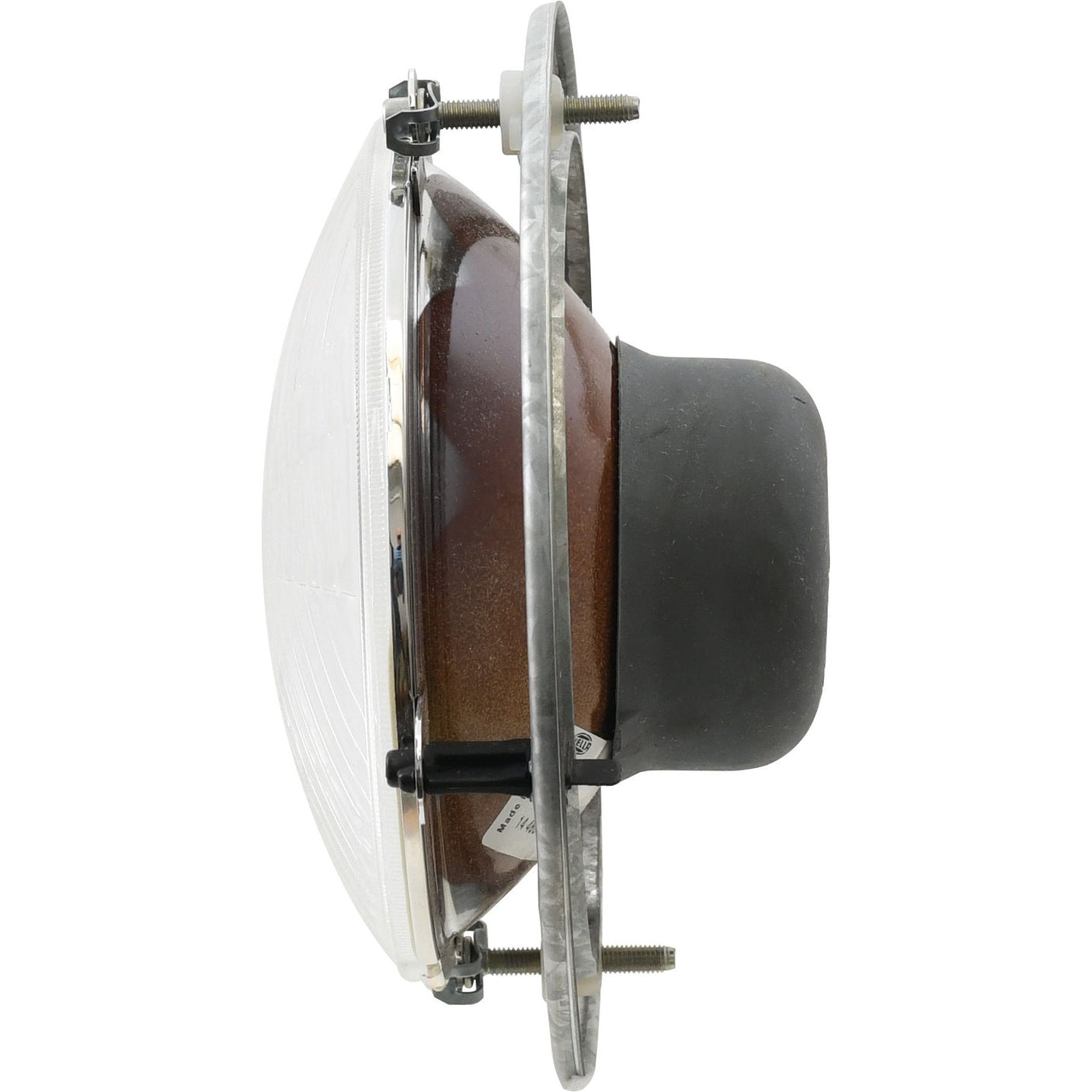 Side view of a Sparex Head Light, (Halogen), RH & LH, RH Dip, 12V - S.75956 round headlight assembly with a glass lens, black bracket, and metal mounting hardware for panel mount on a white background.