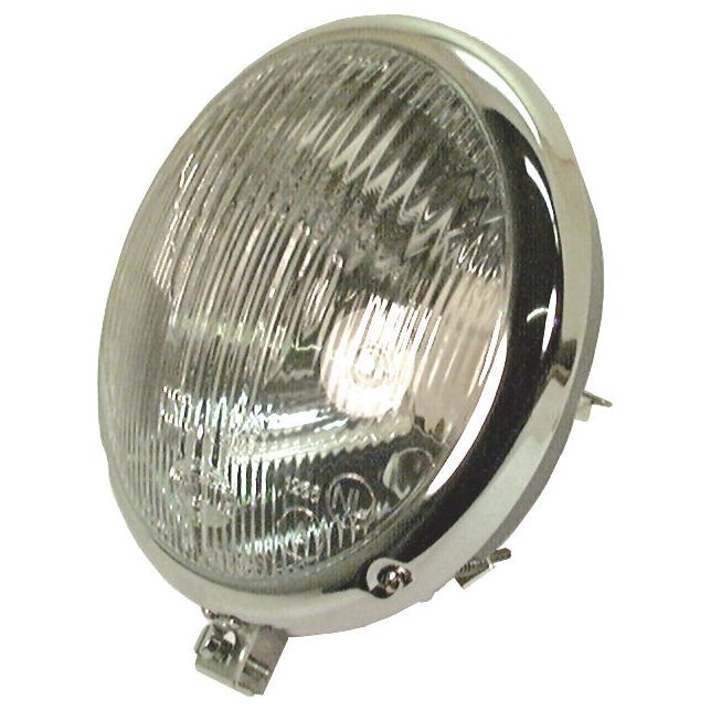 A round headlight with a chrome trim and a clear, ribbed glass lens designed for an automobile, featuring a halogen light for enhanced brightness. This product is the Sparex Head Light (Halogen), RH & LH, Straight, 12V - S.75957.