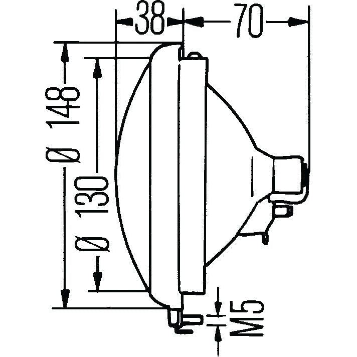 Technical drawing illustrating dimensions of a circular component with a 148 mm diameter, an inner diameter of 130 mm, and a depth of 70 mm. Additional measurements include a width of 38 mm and M5 fasteners, making it ideal for attaching Sparex Head Lights (Halogen), RH & LH, Straight, 12V - S.75957 or integrating spade terminal connections.