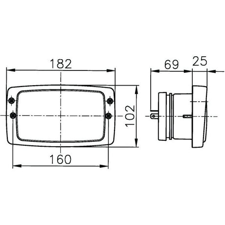 Technical drawing of the Sparex Head Light (Halogen) model S.75958, illustrating a rectangular object with dimensions labeled in millimeters: 182mm width, 102mm height, 160mm inner width, 69mm depth, and an additional depth of 25mm. The design incorporates a spade terminal connection for optimal compatibility.