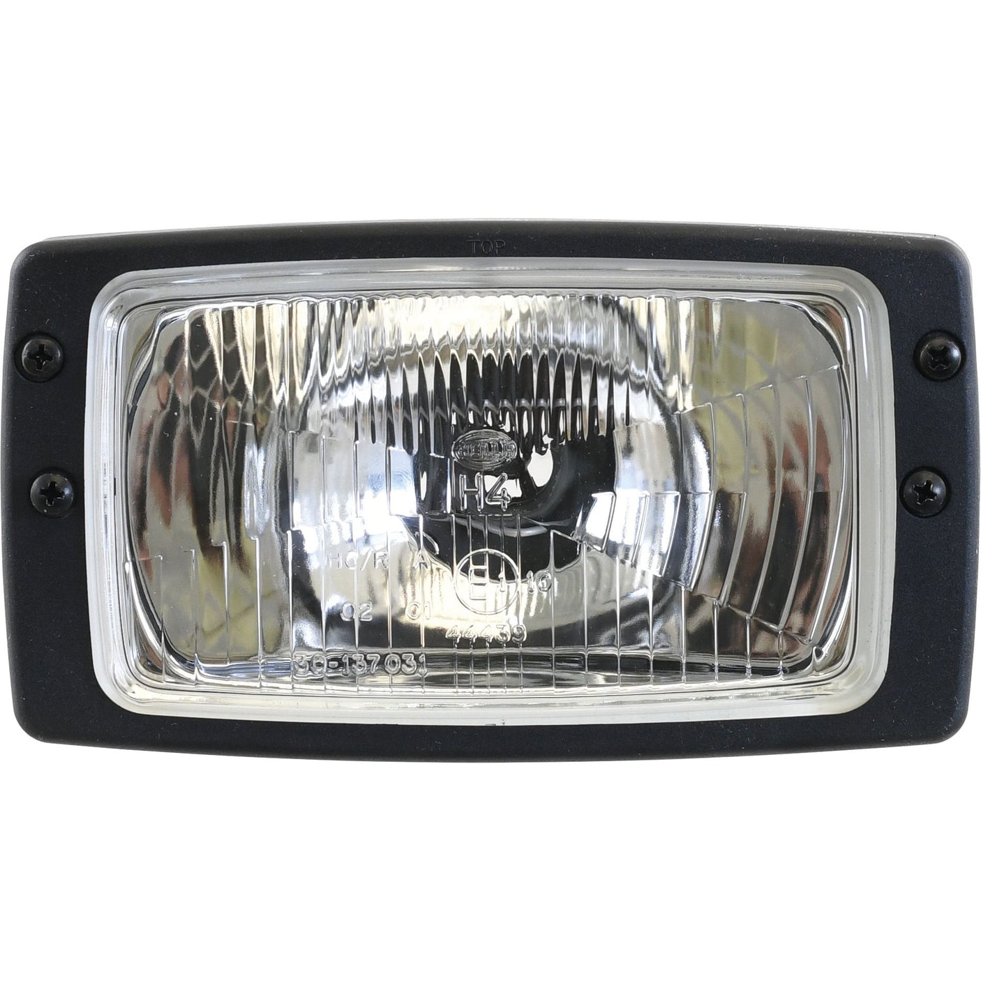 A rectangular vehicle headlight with a black frame, featuring a clear central reflector that houses an H4 Halogen Light with visible wiring and a reflective surface. This Sparex Head Light (Halogen), RH & LH, RH Dip, 12V - S.75958 offers durable construction and efficient illumination for optimal driving visibility.