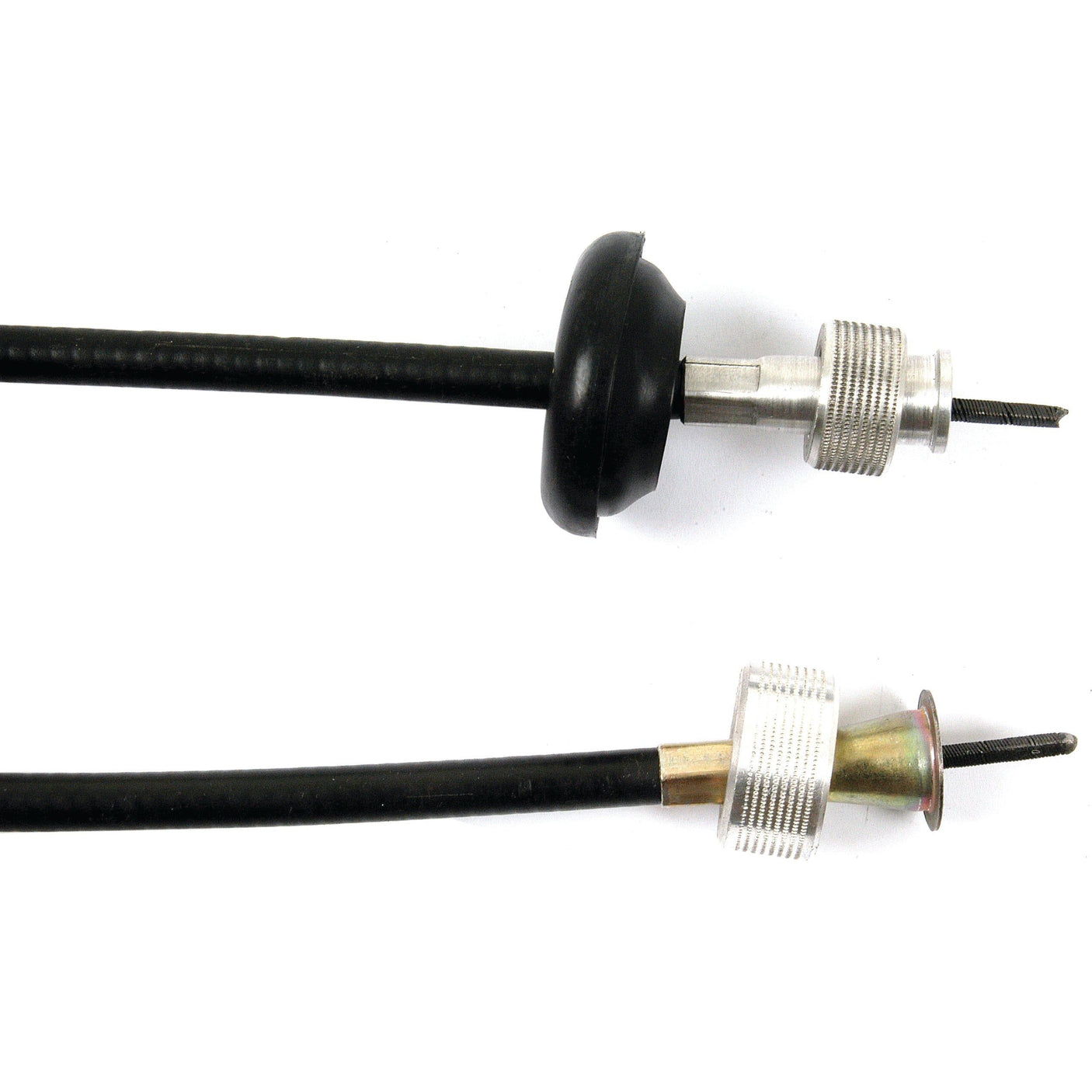 Close-up of two Sparex drive cables with connectors on a white background, one featuring a black circular seal and the other with a metallic end, reminiscent of durable drive cables used in Ford / New Holland machinery. (Drive Cable - Length: 917mm, Outer cable length: 906mm | Sparex Part No.S.75961).