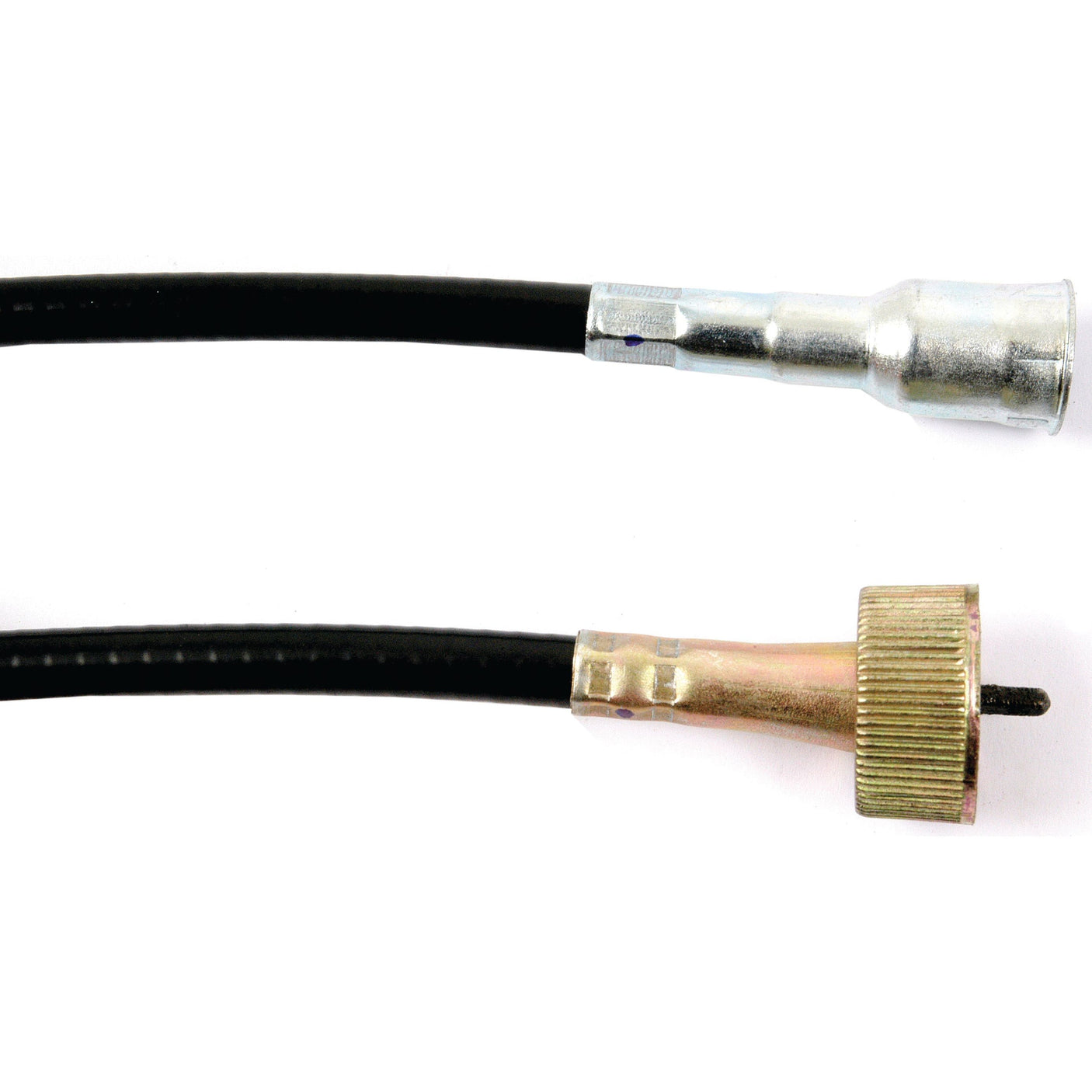 Two black cables with different metal ends are laid horizontally. The top cable has a smooth, cylindrical metal end, while the bottom cable has a ridged, cylindrical metal end. These cables are ideal for Ford New Holland machinery repairs or as replacements for Sparex Part No. S.75964 Drive Cable - Length: 1140mm, Outer cable length: 1130mm.