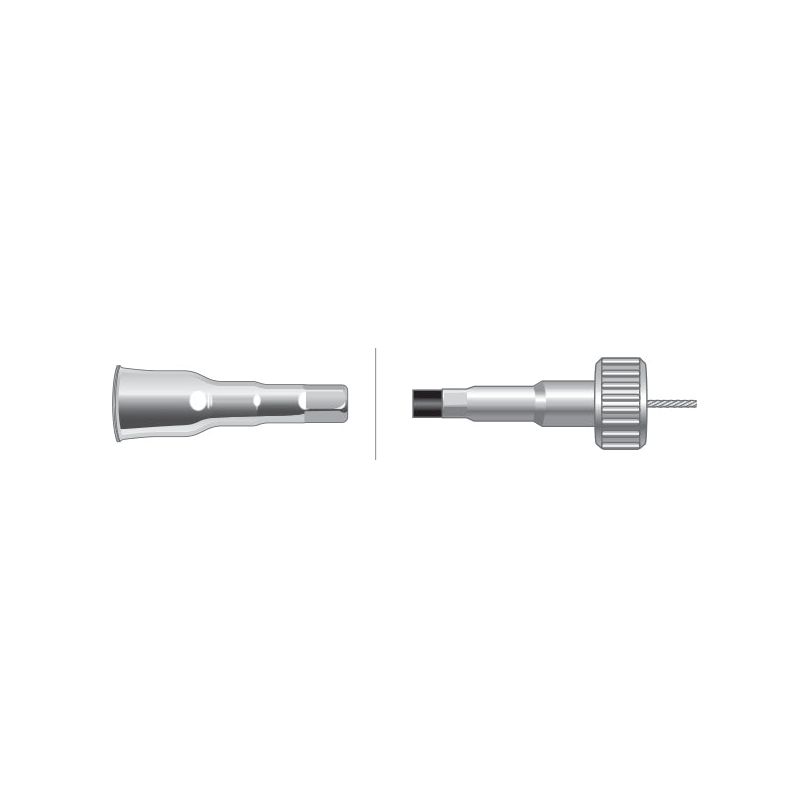 Two parts of the Sparex Drive Cable, consisting of one cylindrical-shaped component and another with a wire and threaded end, shown side-by-side on a white background. Ideal for Ford New Holland tractors or as Sparex-compatible drive cable components (Part No. S.75964).