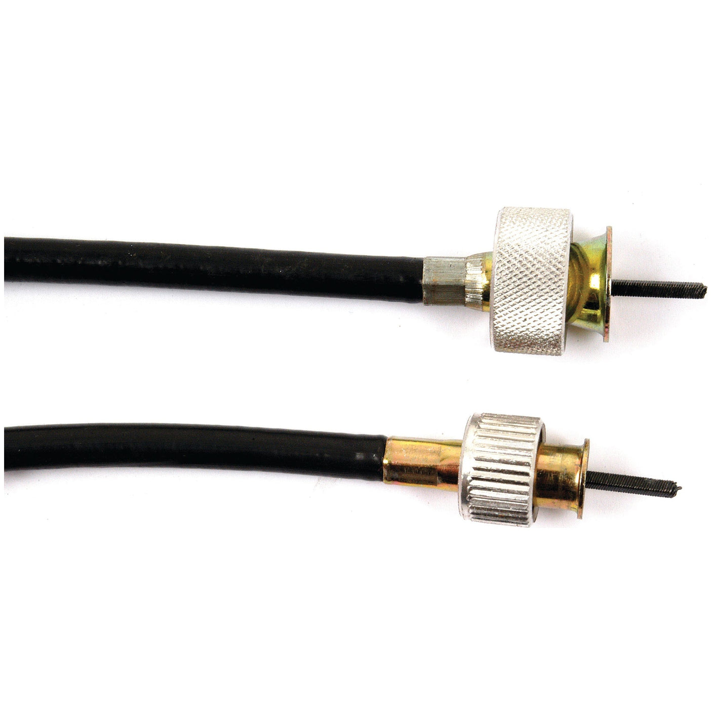 Close-up of two black Sparex Drive Cables (Sparex Part No. S.75965) featuring metallic connectors at the ends; one with a silver connector and the other with a gold connector. Both have a threaded outer ring and a central pin, suitable for Ford/New Holland models. The cables are 1510mm long with an outer cable length of 1475mm.