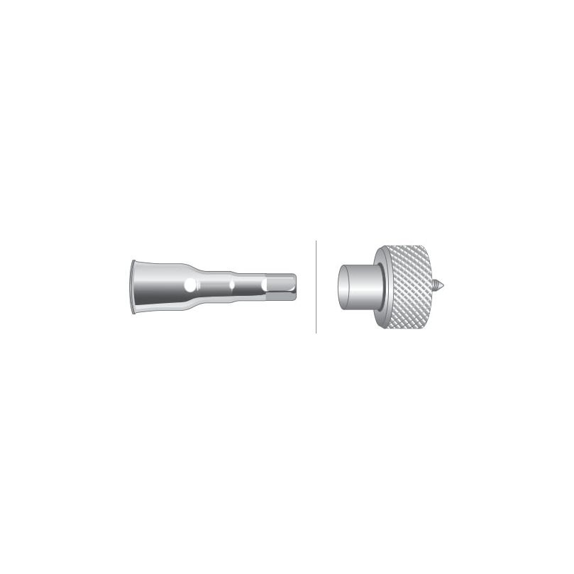 Illustration of a two-part metal connector with a knurled grip on the right part and a notched cylindrical segment on the left part, suitable for use in Sparex Drive Cable (Sparex Part No. S.75966) assemblies for Ford/New Holland machinery, with a total length of 1546mm and an outer cable length of 1535mm.