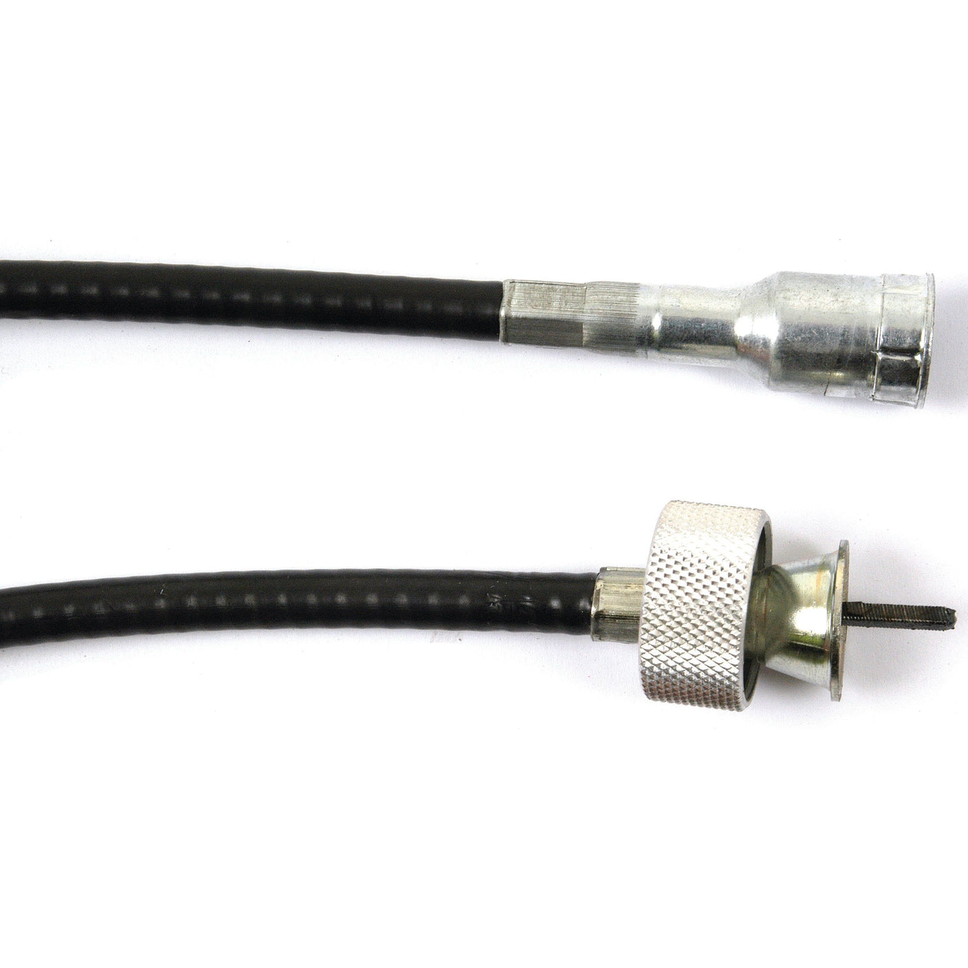 Close-up of the two ends of a black flexible speedometer cable, featuring a threaded metal fitting on one end and an exposed rotating mechanism on the other. This Drive Cable, Sparex Part No. S.75966, measures 1546mm in length with an outer cable length of 1535mm. It is compatible with Ford / New Holland models and ensures reliable performance as sourced from Sparex.