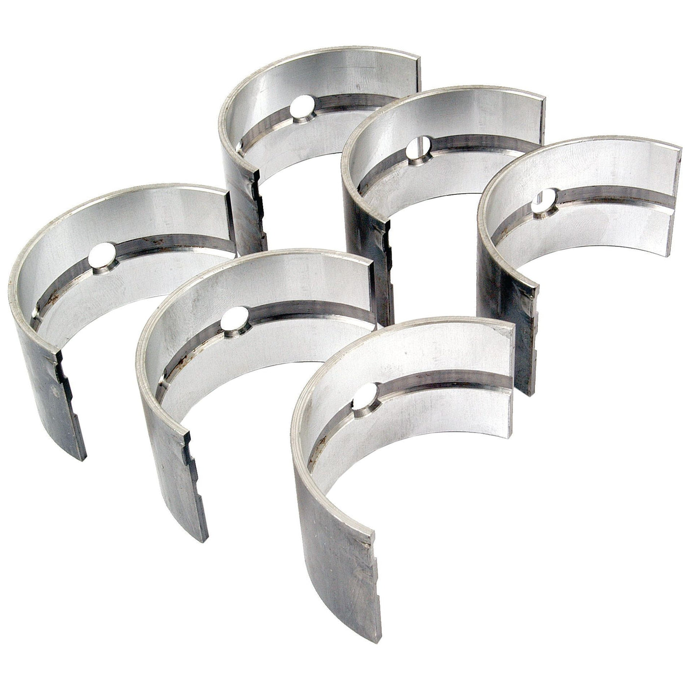 Set of six metallic Main Bearing +0.020'' (0.50mm) (Sparex Part No.S.75993) arranged in a slightly curved formation on a white background, compatible with Case IH engines.