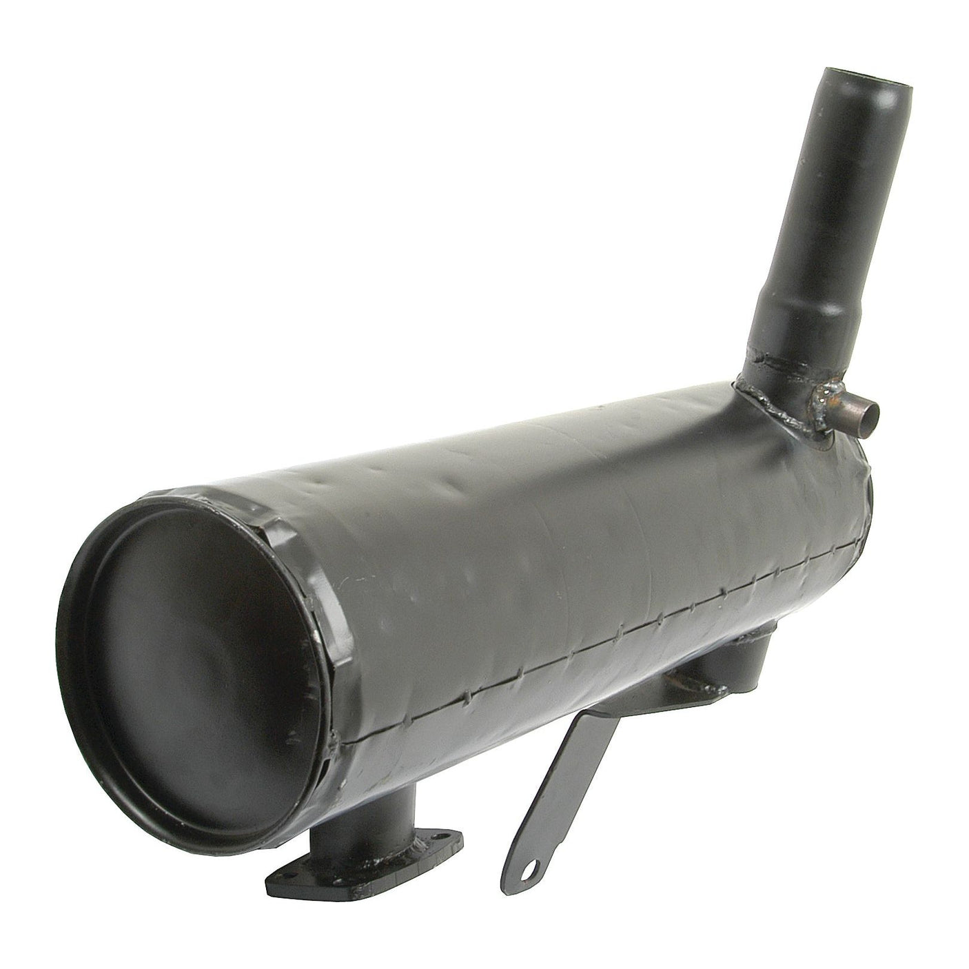 Introducing the Sparex Silencer - Underhood (S.75995), a black cylindrical metal muffler featuring a curved exhaust pipe on top and mounting brackets on the bottom, all coated in heat-resistant paint to ensure maximum durability.