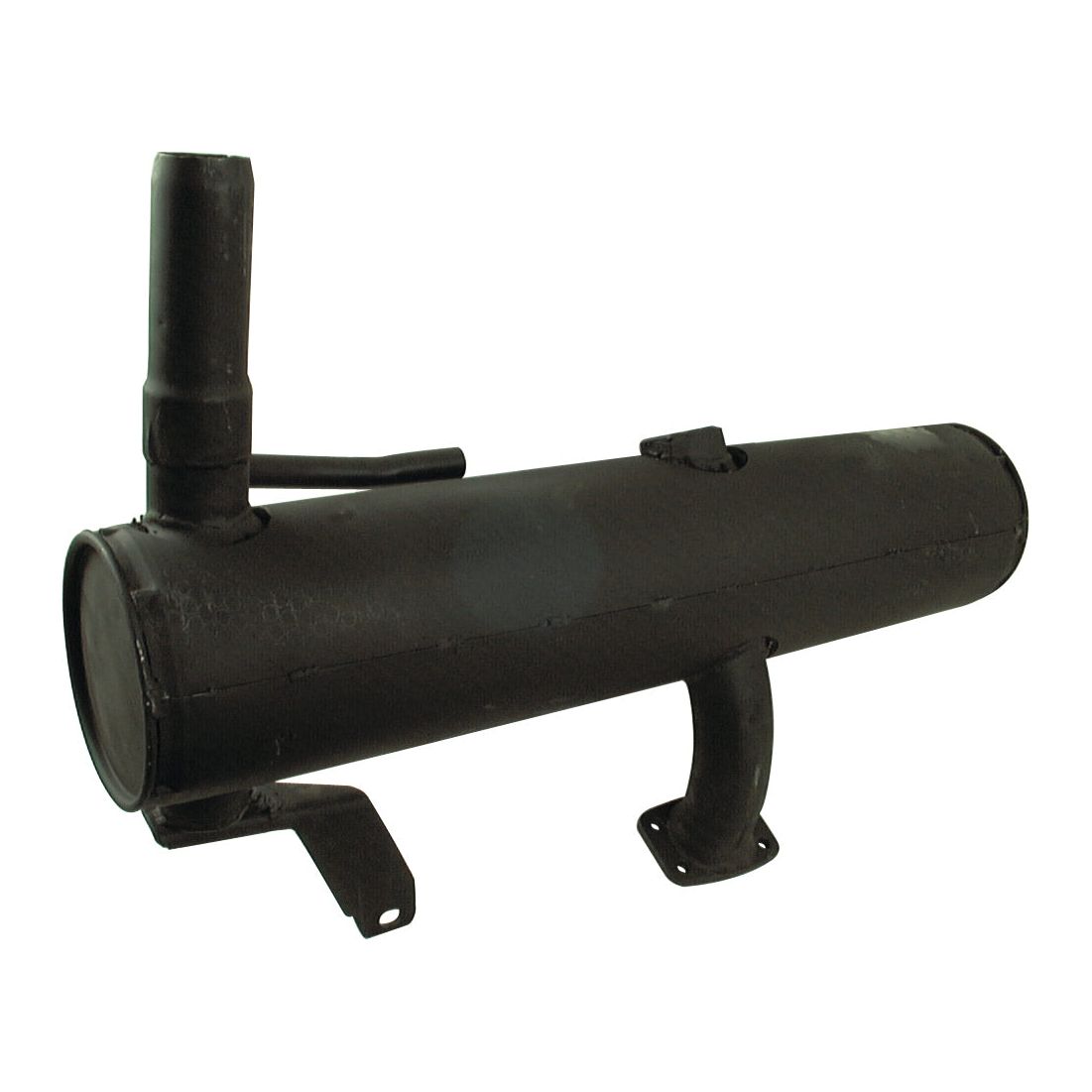 Image of a Sparex Silencer - Underhood (S.75996), featuring a black cylindrical exhaust muffler with an attached pipe, mounting brackets, and heat-resistant paint.