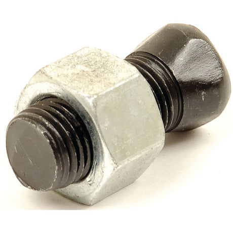 Close-up of a Sparex Conical Head Bolt 4 Flats With Nut (TC4M), part number S.76058, threaded onto a hex nut and lying on a white surface.