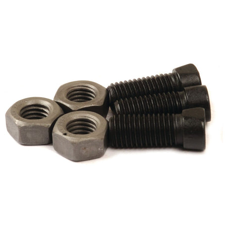 Four black Sparex Conical Head TC2M Bolts (S.76100) and three hex nuts arranged on a white background.