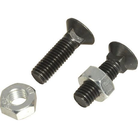 Two Round Countersunk Square Hex Bolt & Nut sets (TFCC) - M10 x 35mm, from Sparex Part No.S.76115, are displayed against a white background. One bolt is already partially inserted into the nut. The zinc plated components ensure durability and resistance to corrosion.