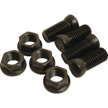 Image of three Sparex Conical Head Bolts 1 Flat with Nuts (TC1M), Size: 14 x 34mm (Sparex Part No.S.76118) and three other hex bolts arranged on a white background.