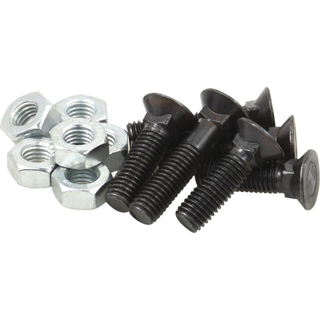 Image showing a group of black bolts next to a set of silver nuts, all placed against a white background. Featuring high-quality components from Sparex, this setup is ideal for the Bolt Kit, Replacement for Lemken | Sparex Part No.S.76150.