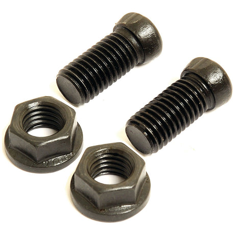 Two Sparex Conical Head Bolts 1 Flat with Nut (TC1M), Size: 14 x 34mm, and two black hex nuts are arranged on a white background.