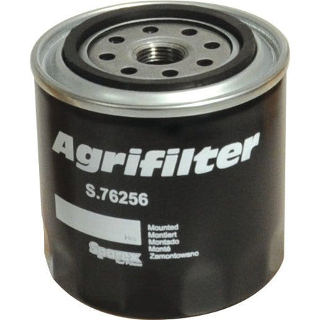 The Spin On Oil Filter, Sparex Part No. S.76256, sports "Sparex Agrifilter S.76256" in white text on a black casing and is designed for compatibility with Case IH / International Harvester models. The filter features multiple mounting holes at the top for ease of installation.