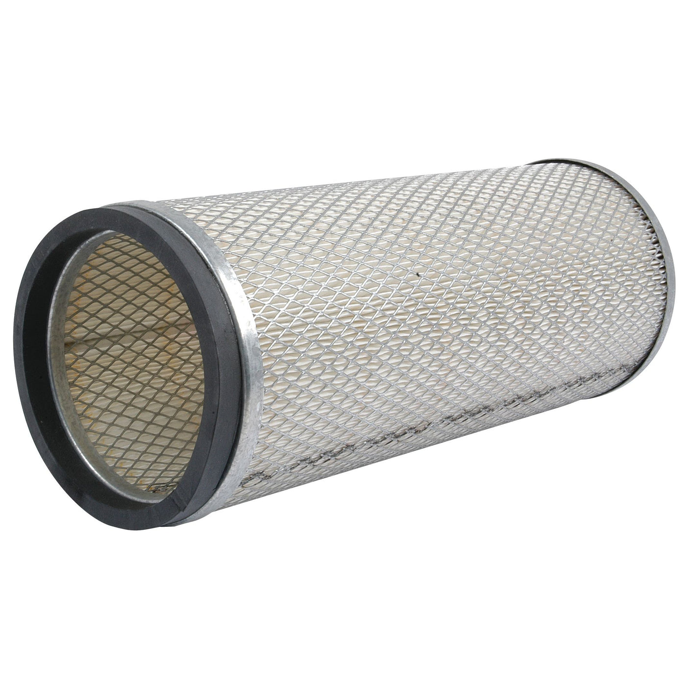 The Sparex Air Filter - Inner (Sparex Part No.S.76272) features a cylindrical design with a metallic mesh exterior and rubber ends, engineered to remove particulates from air intake systems in Case IH and Massey Ferguson equipment.