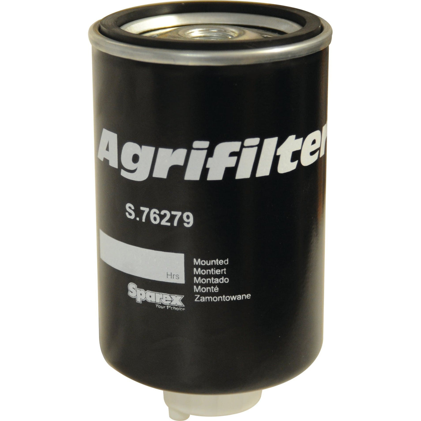 A black Sparex fuel filter, model number S.76279, compatible with Case IH/International Harvester and Deutz-Fahr equipment.