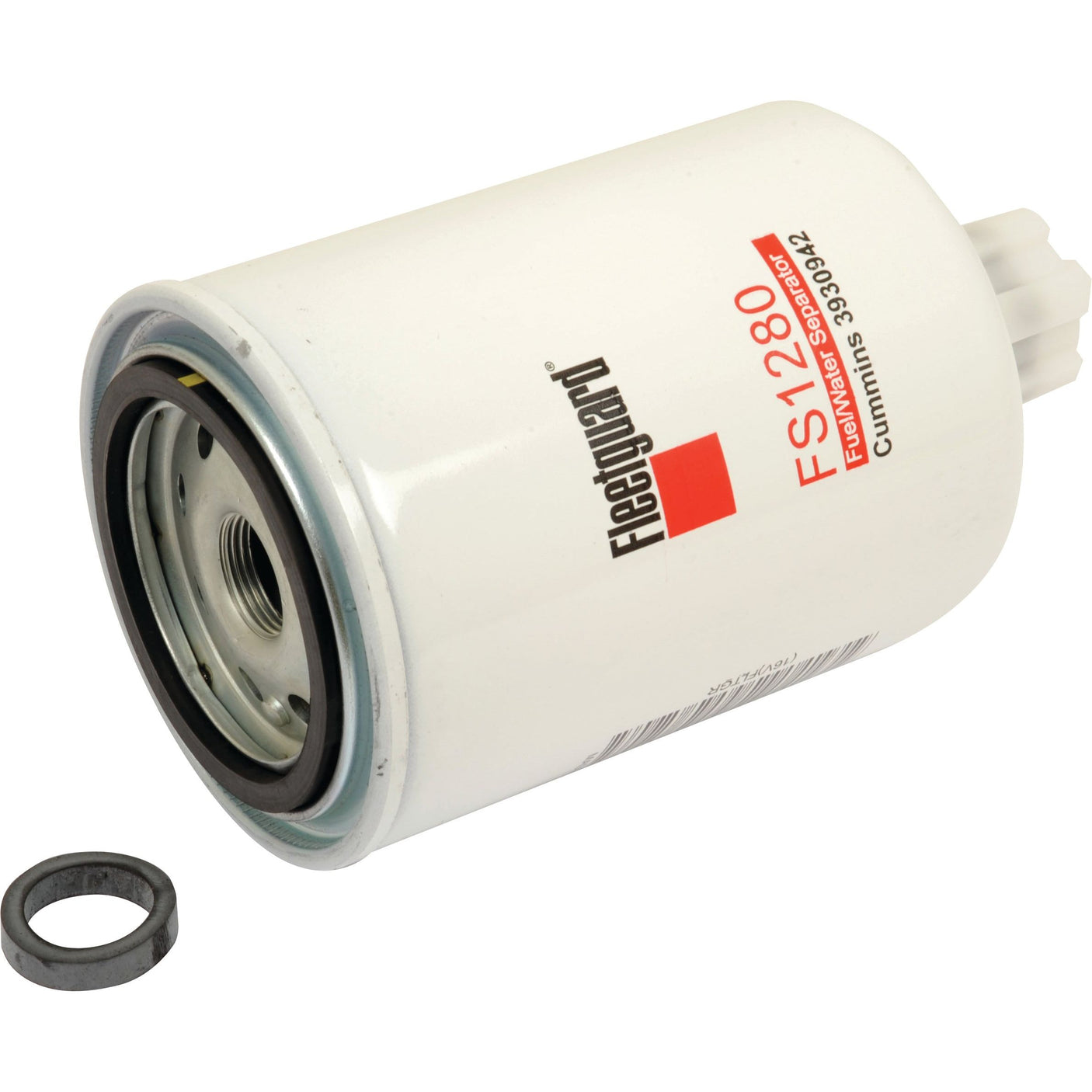 A Sparex Fuel Separator - Spin On - FS1280 (Sparex Part No. S.76283) with a white cylindrical body, red text, and a black O-ring gasket efficiently functions as a fuel filter with a Micron Rating of 20.