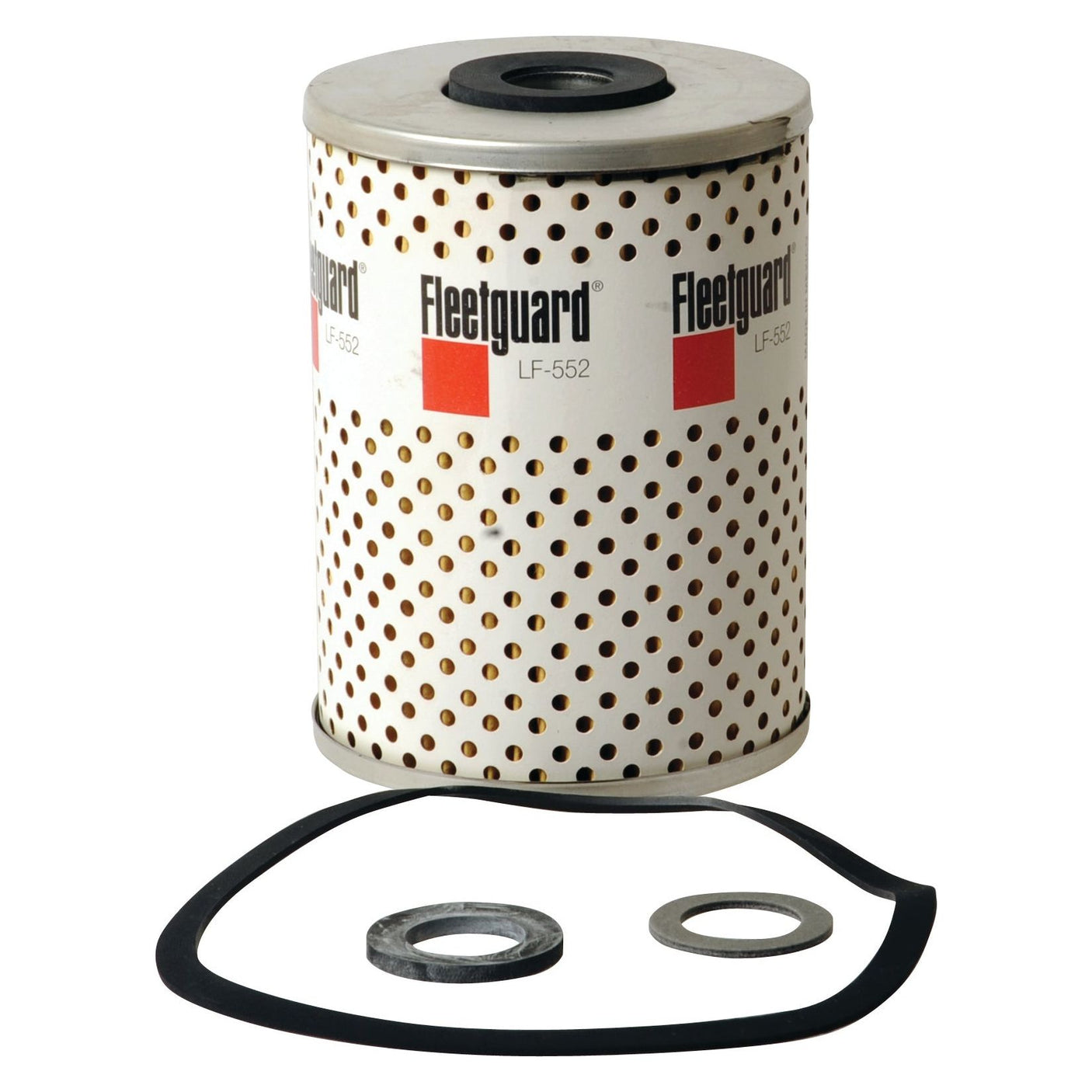 A cylindrical Sparex Oil Filter Element - LF552 (Sparex Part No. S.76294) with a perforated white casing, ideal for Deutz-Fahr tractors, accompanied by two washers and a rubber gasket.